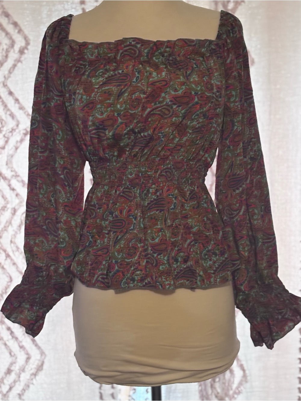 Kathmandu Burgundy Paisley Square-Neck Smocked Waist Blouse